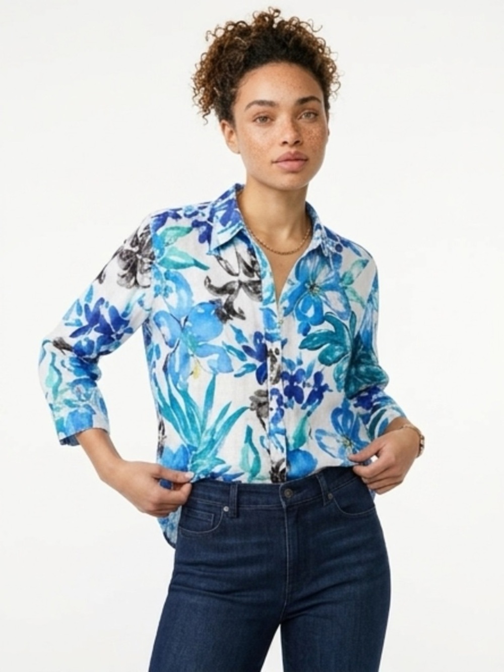 Ralph Lauren Blue and Teal Floral Linen Shirt